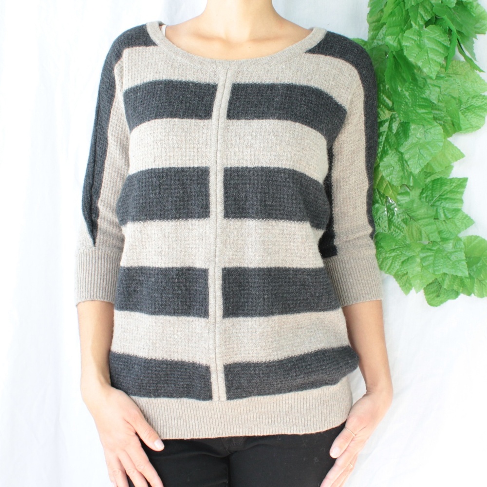 Ann Taylor Gray & Tan Striped Dolman 3/4 Sweater
